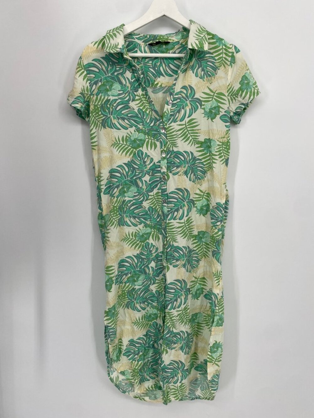 SPIAGGIA DOLCE BUTTON FRONT POCKET SHORT SLEEVE LEAVES TROPICAL DRESS XS